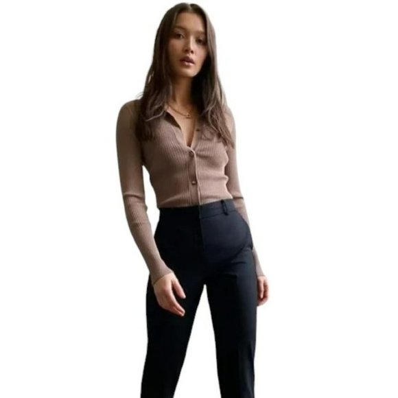 Babaton Sweaters - BABATON | Ribbed Button-Up Collared Finley Sweater in Tan (Size L)